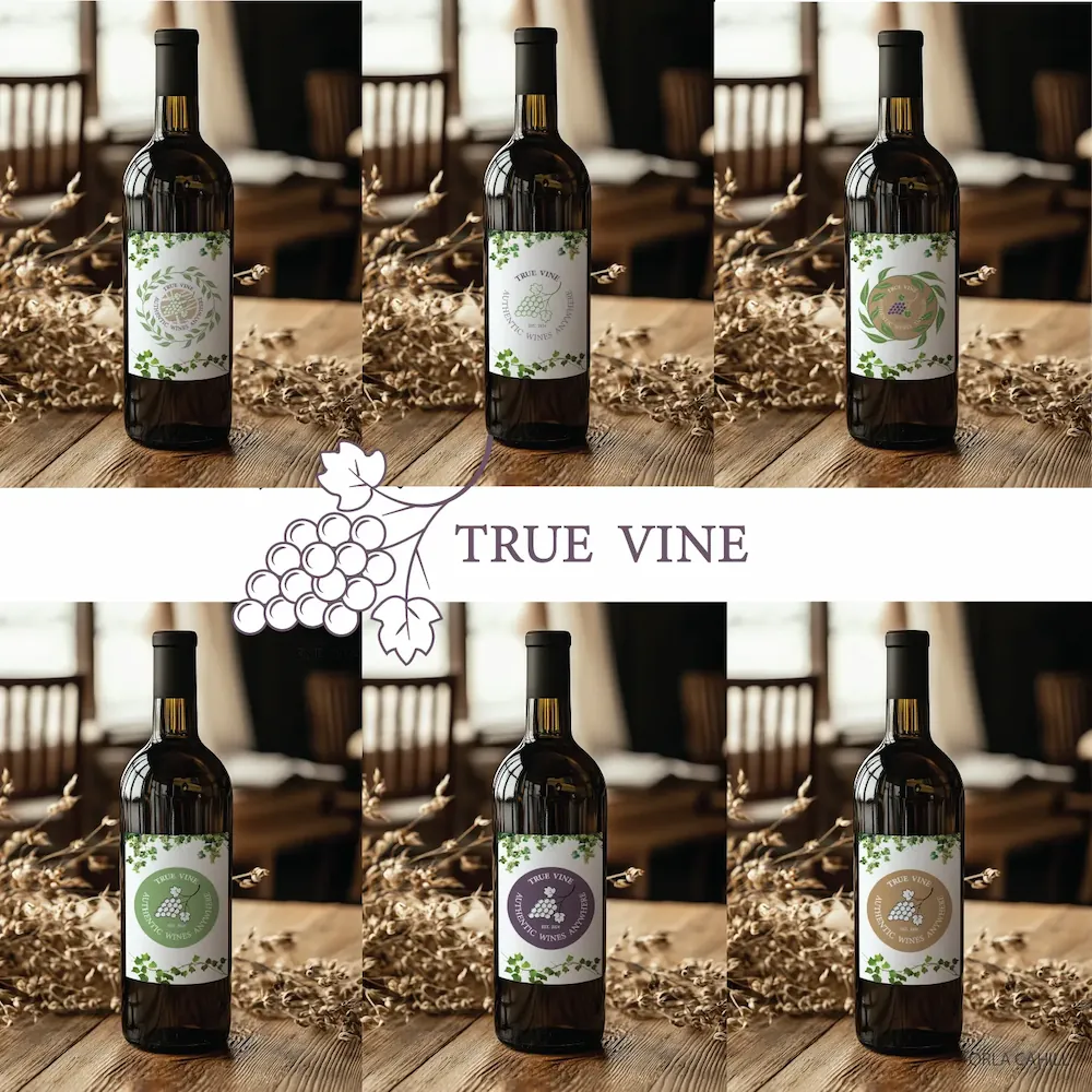 Luxury wine bottle packaging and label design mockups for True Vine winery